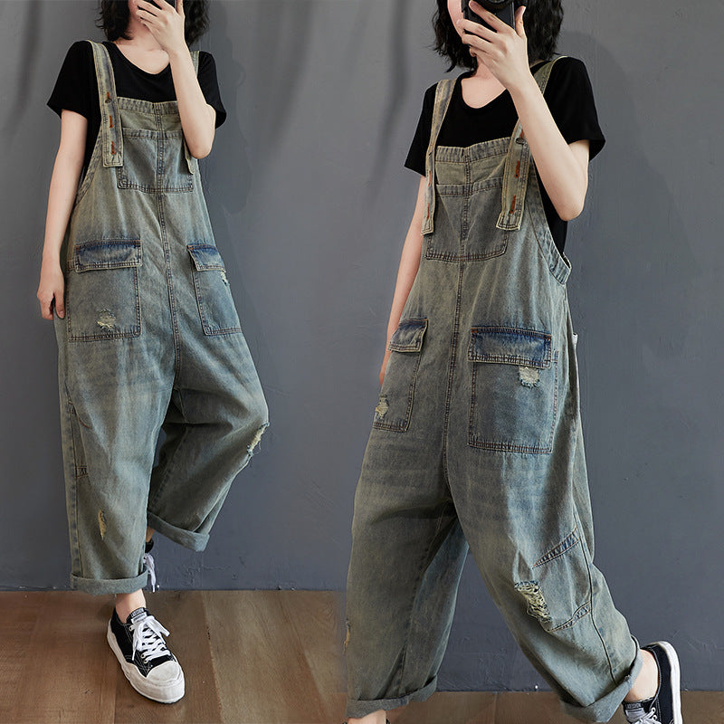 Women's Summer Retro Nostalgic Ripped Denim Overalls