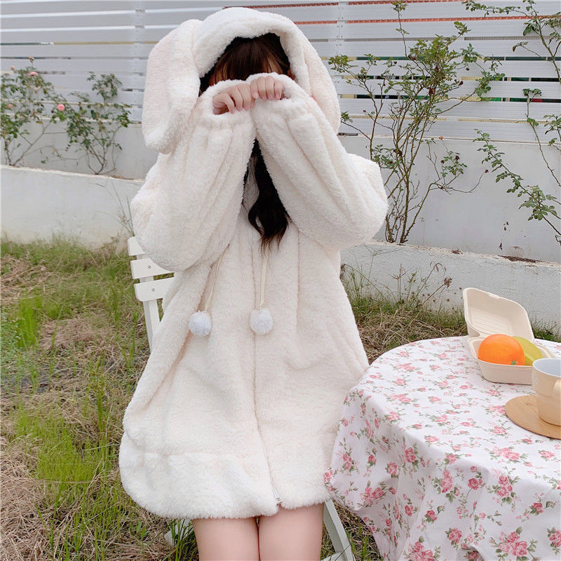 Cute rabbit ears hooded faux lamb wool