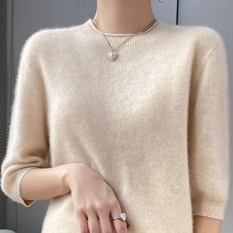 Spring Style Front Line Ready-made Garments Pure Wool Sweater Round Neck Curling Half Sleeve