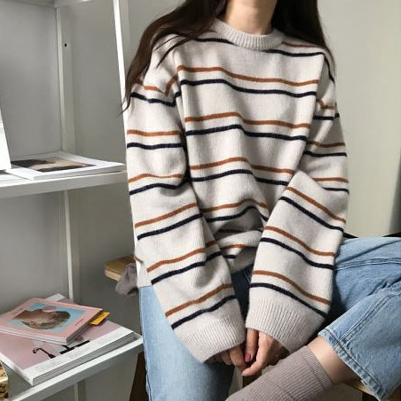 Women's Round Collar Sweater Women's Striped Sweater Loose And Idle