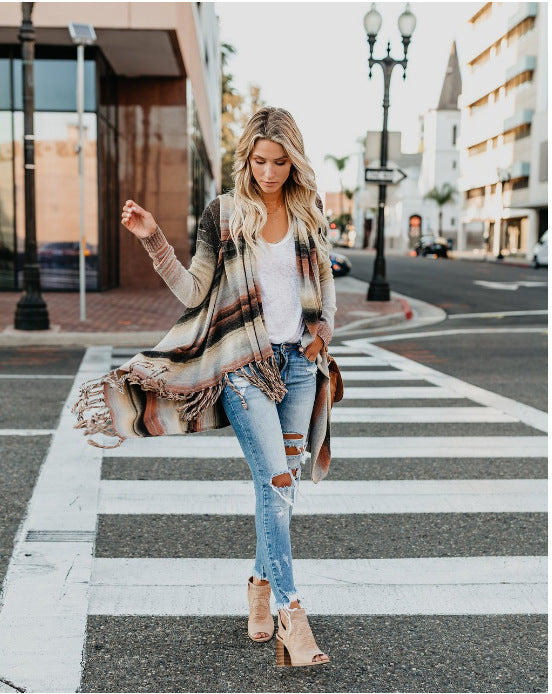 Long Sleeve Fringe Long Plus Size Sweater Coat