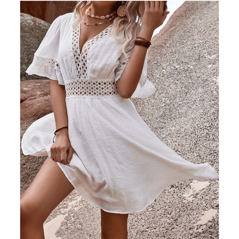 European And American V-neck Printed Lace Stitching Lace Bohemian Casual Vacation Style Dress