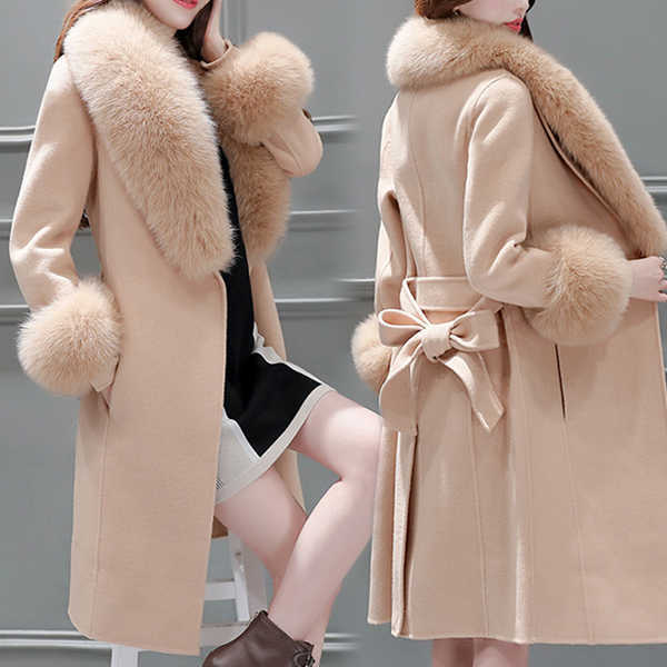 Women's long lace-up fur collar coat