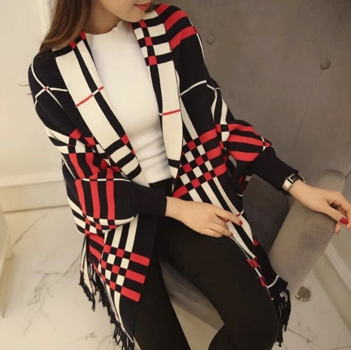 Women's Plaid Tassel Cape And Shawl Coat