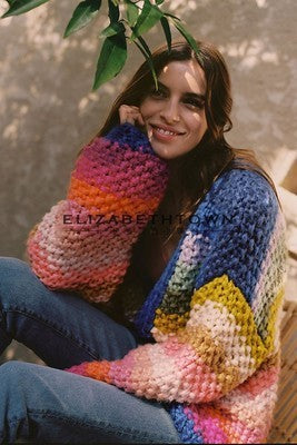 Handmade Rainbow Striped Contrast Color Thick Needle Sweater Coat