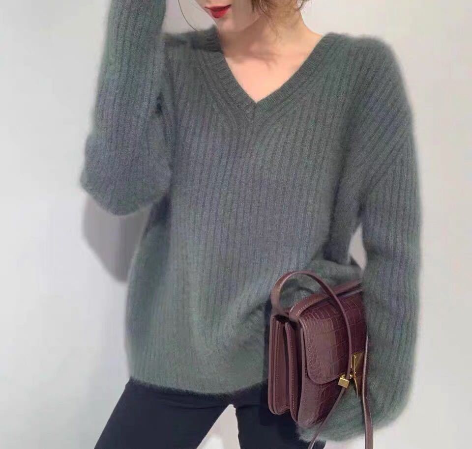 Loose Pullover V Neck Lazy Knit Sweater Outer Wear Women's Clothing