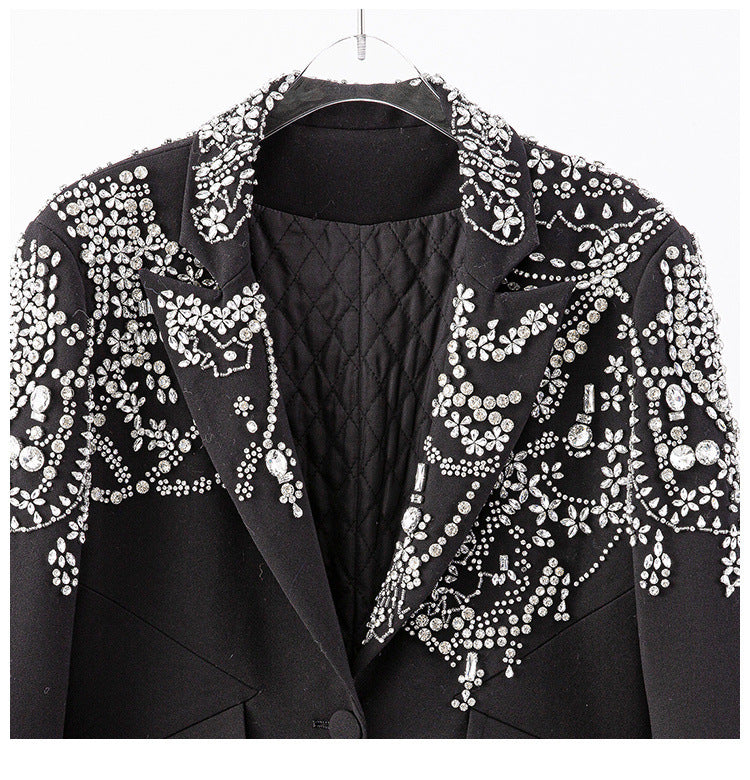 One Button Long Sleeve Suit Collar Exquisite Rhinestone Decorative Black Plush Cuffs Slim-fit Flattering Coat