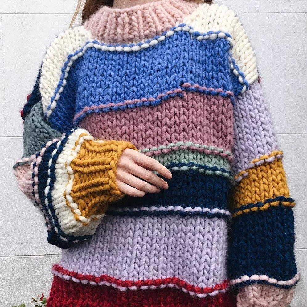 Hand-woven Rainbow Striped Contrast Color Sweater Coat