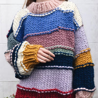 Hand-woven Rainbow Striped Contrast Color Sweater Coat