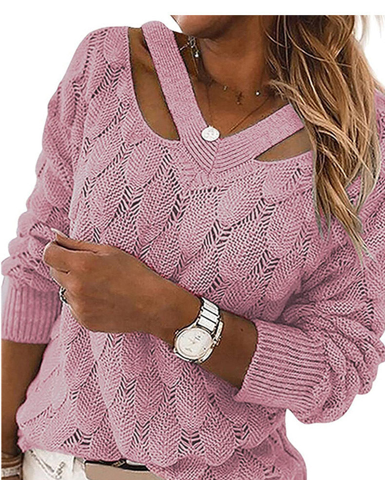 Autumn And Winter Fashion Knitwear V-neck Off-the-shoulder Long-sleeved Sweater