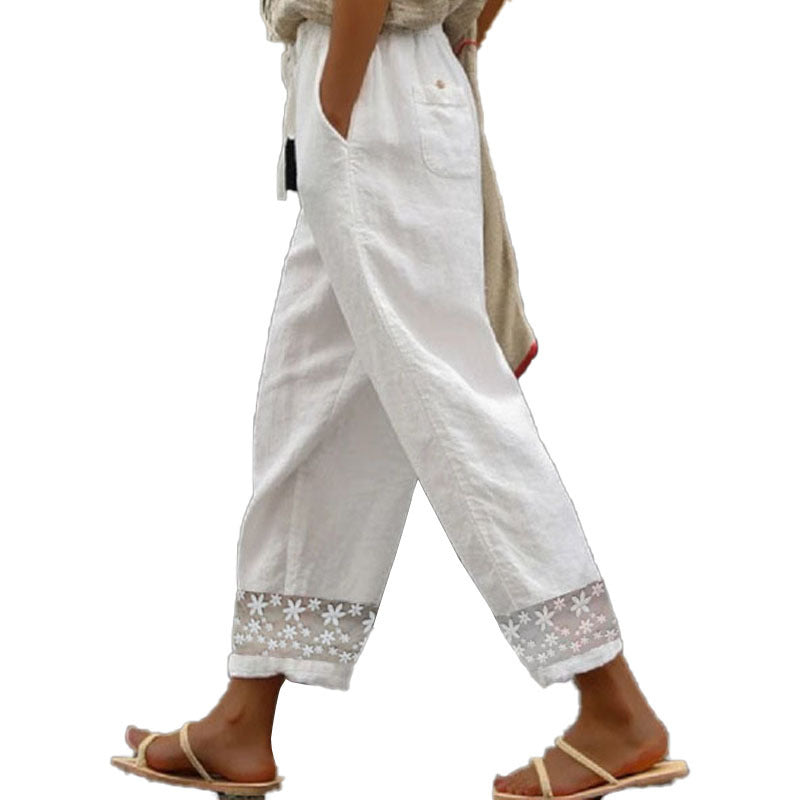 Cotton And Linen Trousers Elastic Waist Ankle-length Pants Stitching Lace