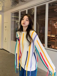 Fringed Sweater Design Colorful Striped Sweater For Women