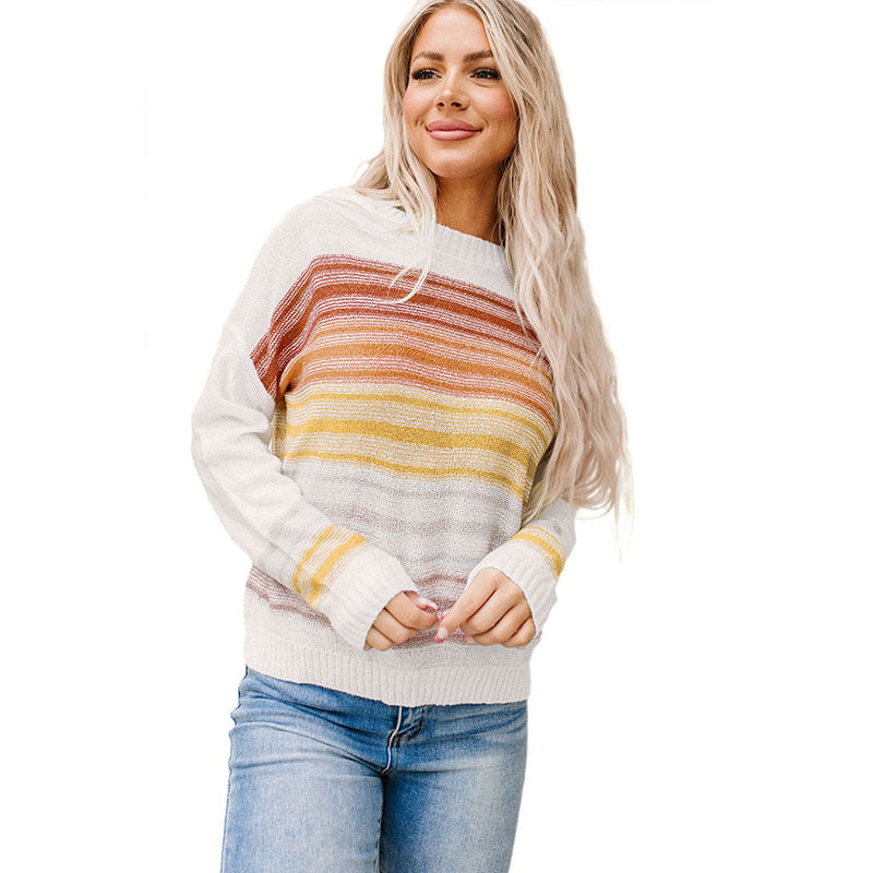 Early Autumn Pullover Leisure Simple Mixed Color Stripe Printed Sweater