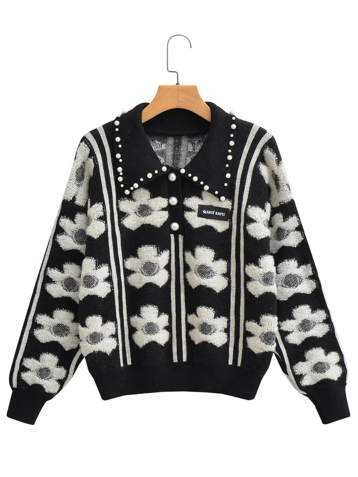 Women's Beaded Heavy Industry Lapel Flower Knitted Pullover Sweater