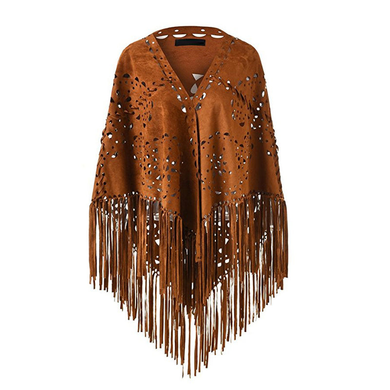 Stretch Suede Fringed Shawl Cape All-match