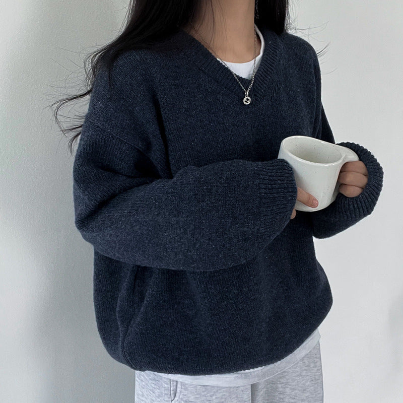 All-matching Solid Color V-neck Pullover Sweater Lazy