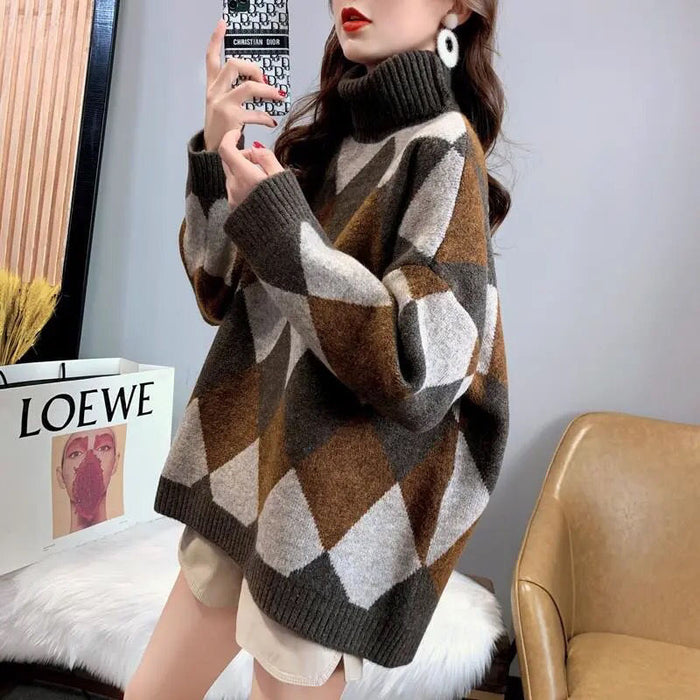 Turtleneck Sweater Thick Lazy Wind Loose Western Style Diamond