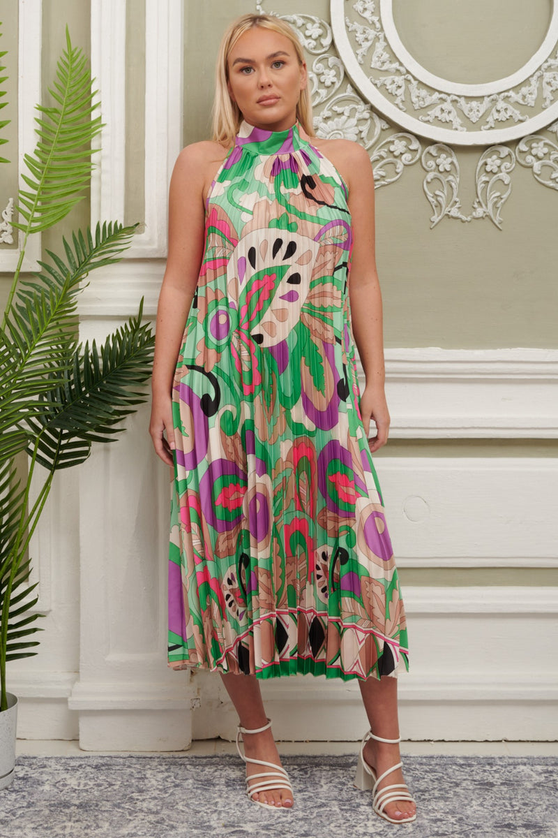 High Neck Retro Floral Pleated Dress