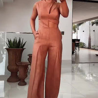 Fashion Round-neck High Waist Solid Color Hollow Out Wide Leg Jumpsuit