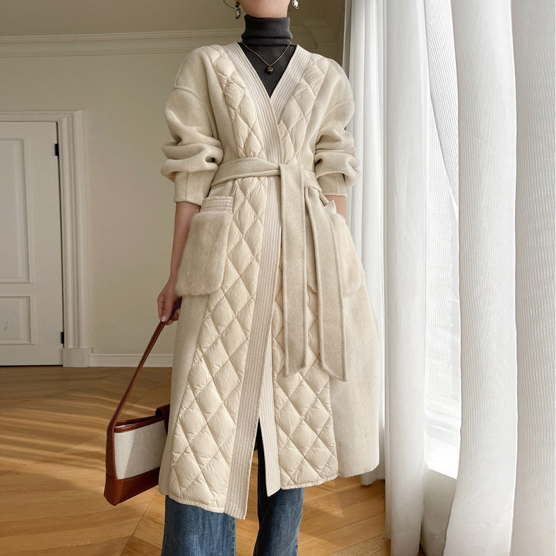 Cashmere Coat Down Jacket Women's Stitching White Goose Down Mid-length Coat