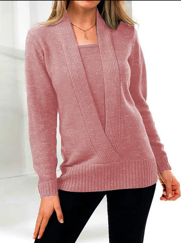 Autumn And Winter New Solid Color Long Sleeve V-neck Fake Two-piece Short Sweater