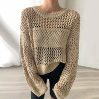 Elegant Retro Round Neck Exquisite Hollow-out Transparent Design Loose Sweater