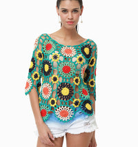 European And American Handmade Crochet Hollow-out Beach Cover-up Hand Crocheting Three-quarter Sleeve Crocheted Top