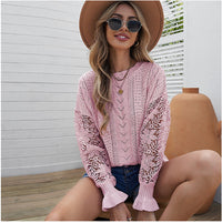 Loose Round Neck Cutout Floral Long-sleeved Sweater