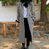 Suit Collar Houndstooth Single-breasted Long-sleeved Woolen Coat