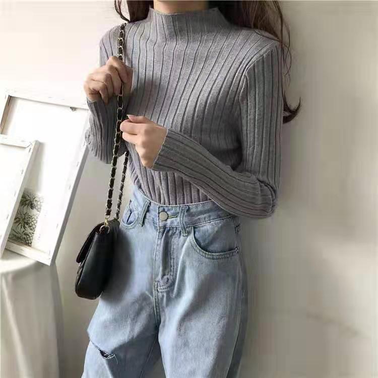 Hollow Striped Mock-neck Bottoming Shirt Women's Sweater