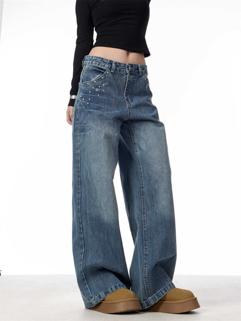 Women's Rivet High Waist Wide Leg Jeans Baggy Straight Trousers