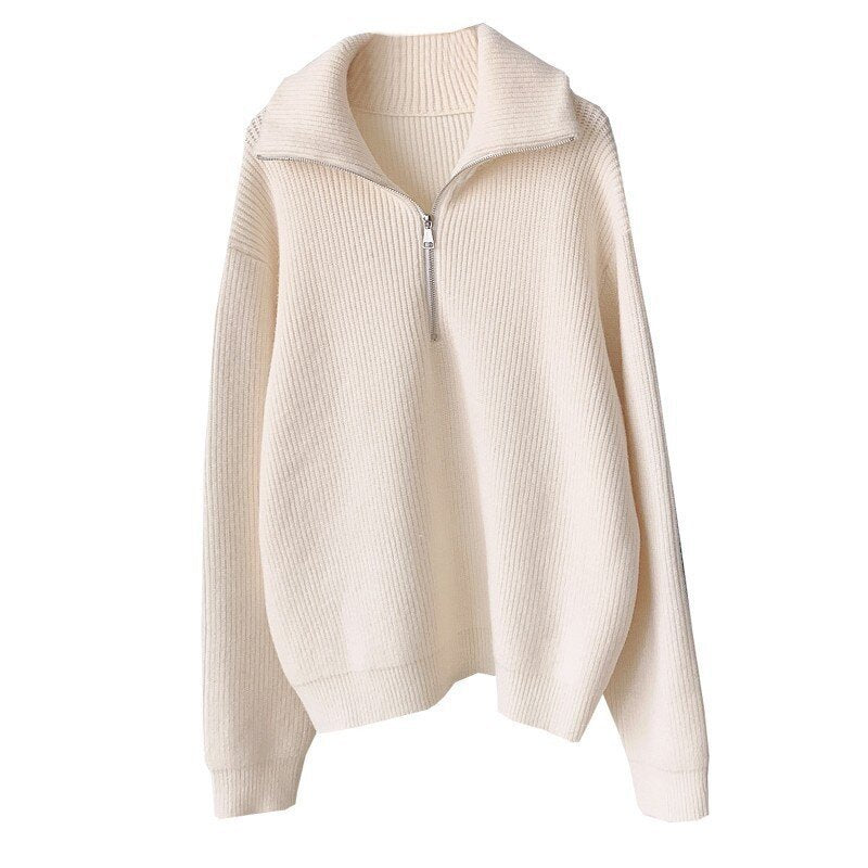 Elegant Large Lapel Zipper Pullover Sweater For Women