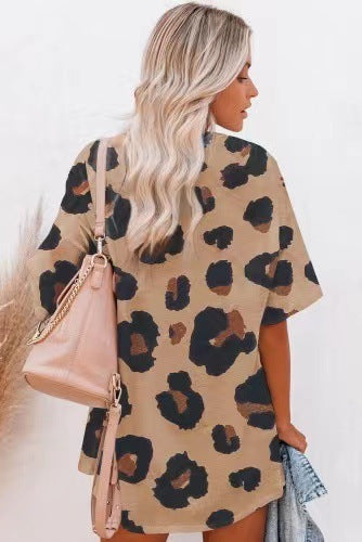 Women's Short Sleeve Temperament Leopard Print Loose Round Neck T-shirt