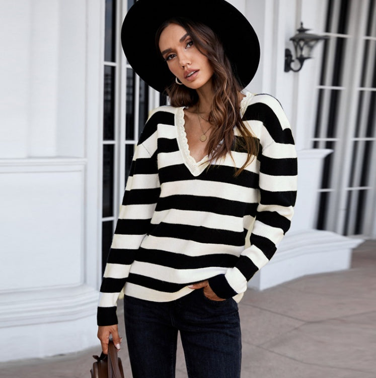 Loose V-neck Pullover Striped Long-sleeved Sweater