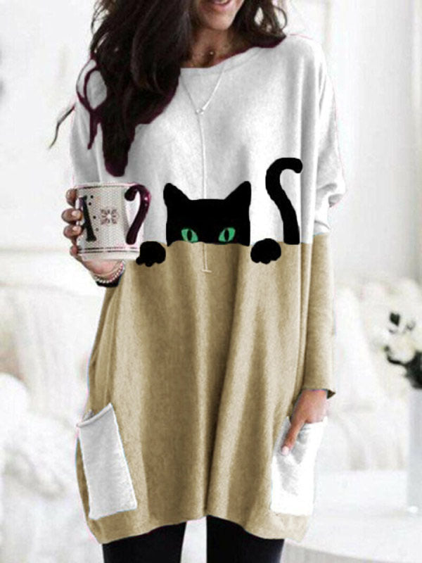 Women's Black Cat Print Round Neck Contrast Color Patchwork Pocket Long Sleeve T-shirt