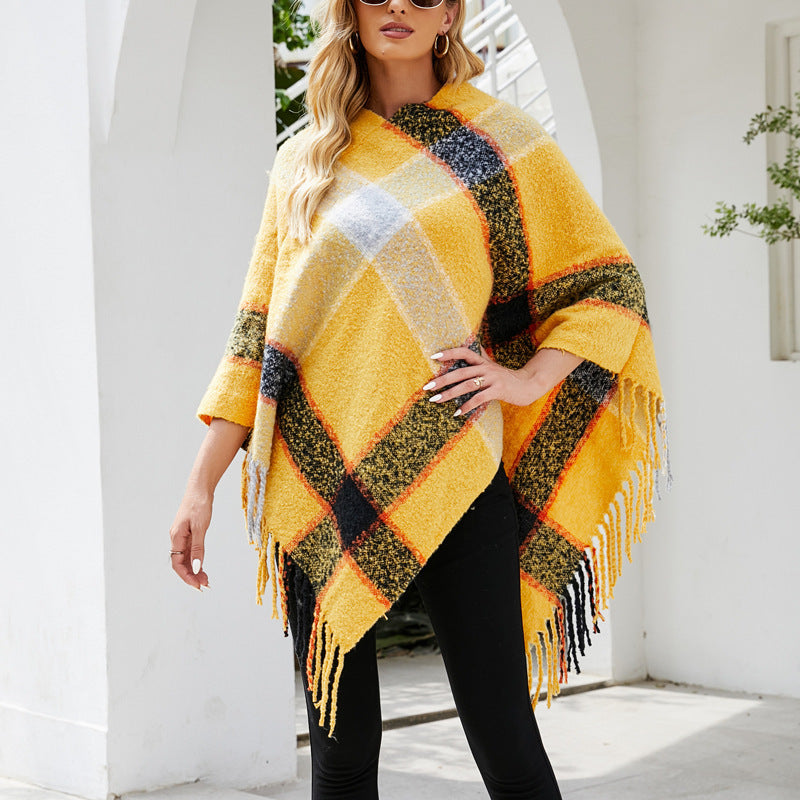 Cashmere Contrast Color Striped Cape Knitted Tassel Scarf