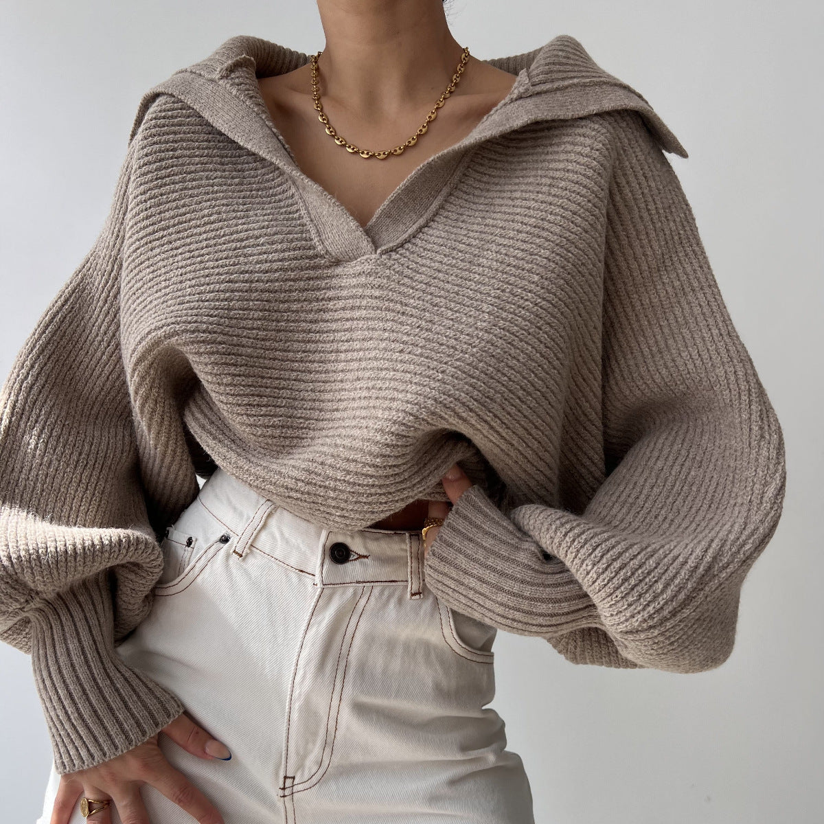 Spring And Autumn New Knitted Sweater Sweater Lapel Pullover Women's Top