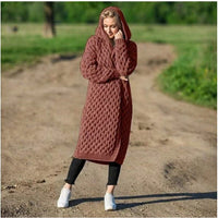 Solid Color Women's Long Knit Sweater Hooded Cardigan Jacket