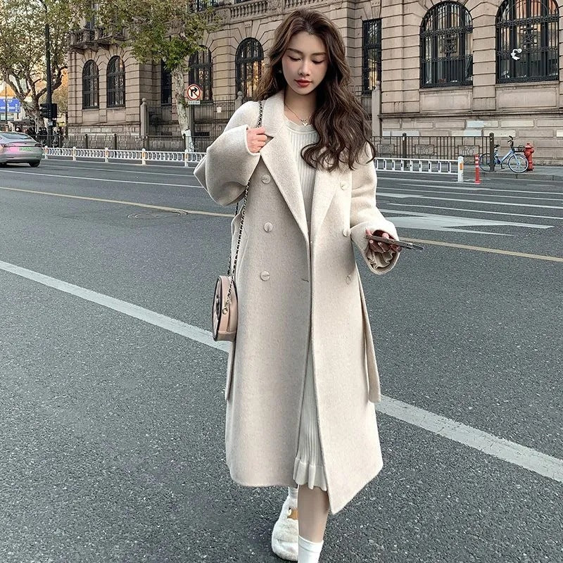 Loose Mid-length Lace-up Woolen Coat Women