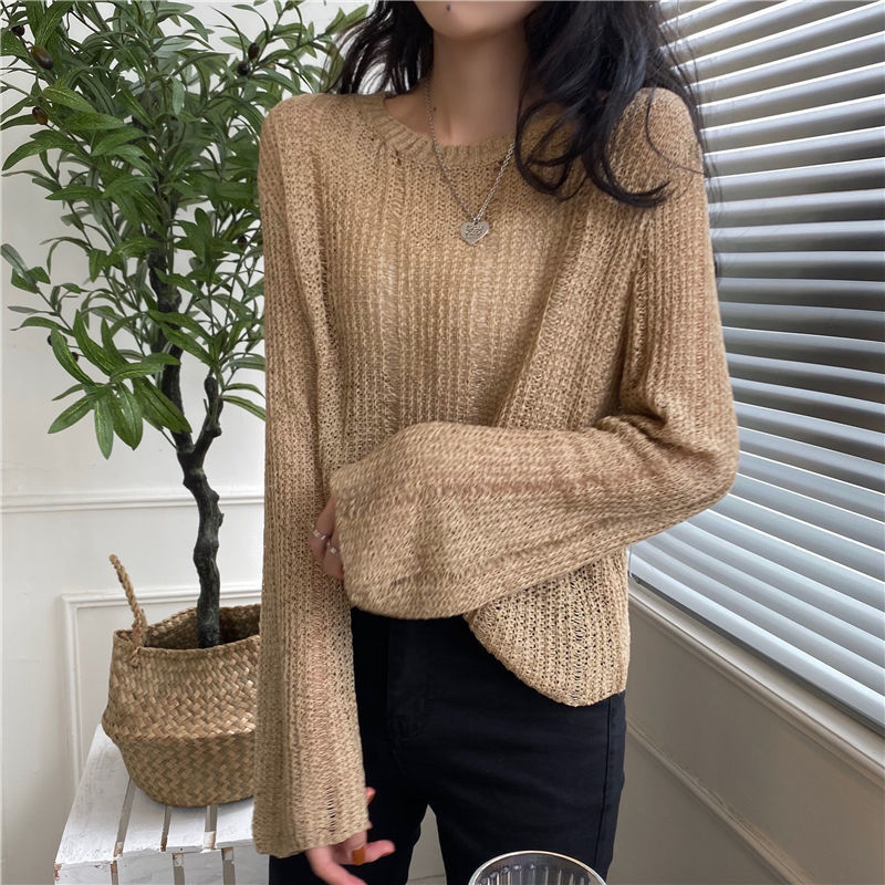 Women's Knitwear Autumn New Korean Style Ice Silk Hollow-out Knitted Blouse Outer Wear Thin Pullover Long Sleeve Sweater Fashion