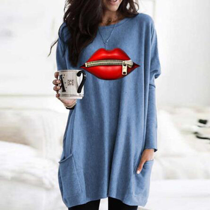 European And American Halloween Solid Color Printing Pocket Long Sleeve T-shirt Dress