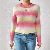 Stitching Contrast Color Knitted Sweater Fashion Pullover Round Neck Gradient Rainbow Striped Top