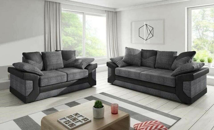 Dino Jumbo Black Grey Fabric/Leather 3+2 Seater Sofa Set