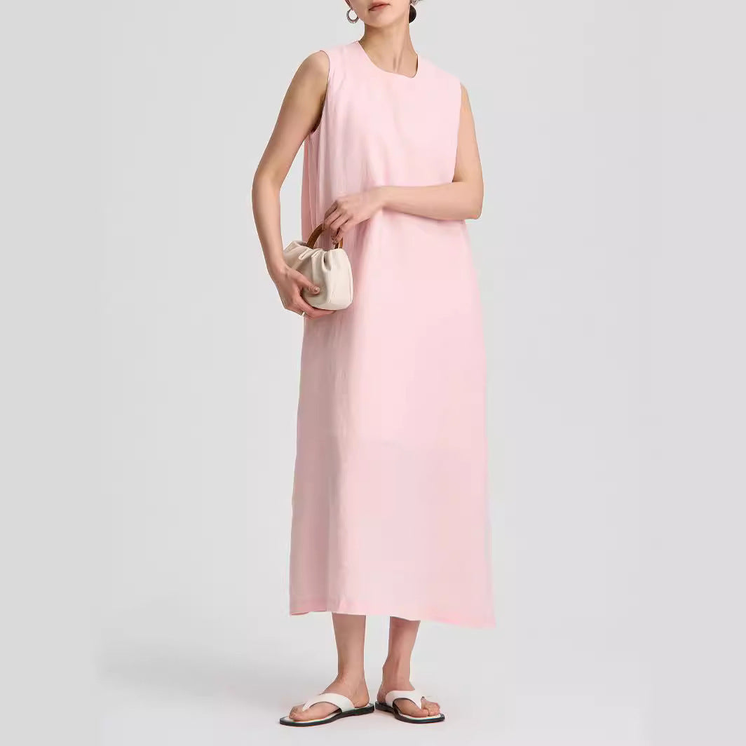 Linen Round Neck Sleeveless Dress Anti-exposure Midi Dress