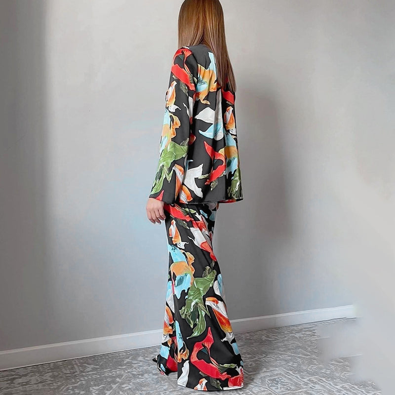 Women's Fashion Print Top Wide Leg Pants Suit