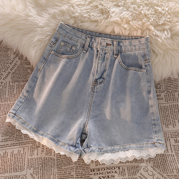 Denim Shorts Women's High-waist Lace Design Hot Pants