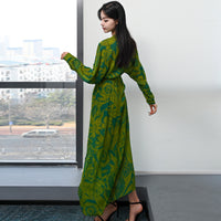 Pattern Printed V-neck Long Sleeve Long Dress Casual And Comfortable