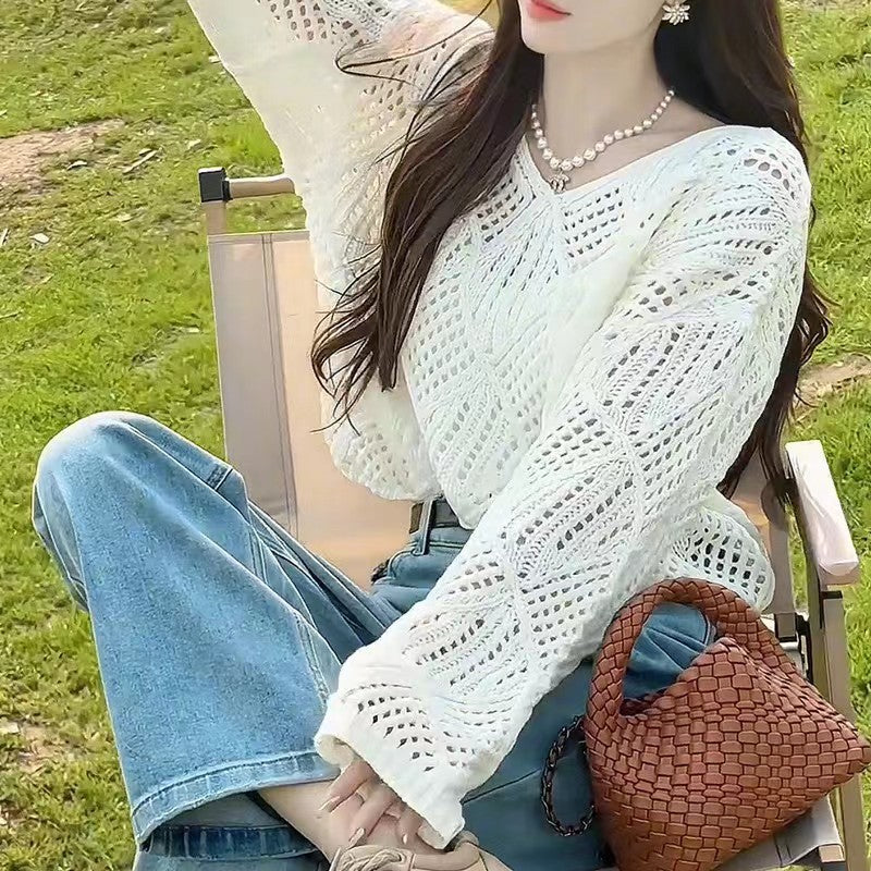 Hollow Sweater V-neck Long Korean Style Loose