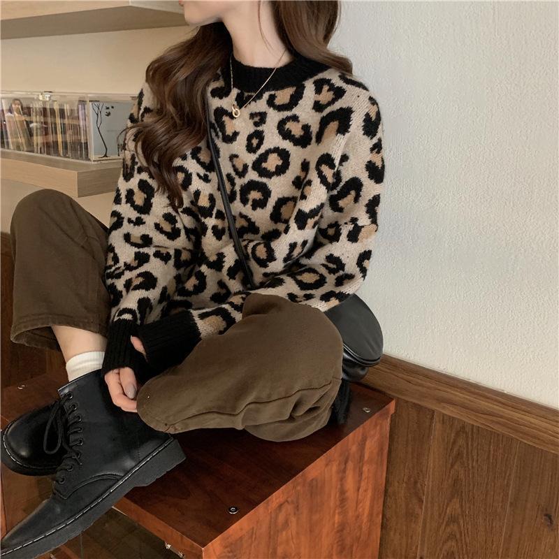 Leopard Print Women Loose Thick Base Sweater Pullover Casual Jacket