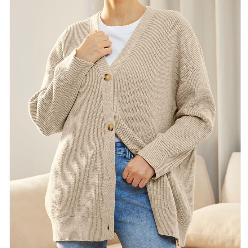 European And American Style Simple All-match Knitted Button V-neck Solid Color Sweater